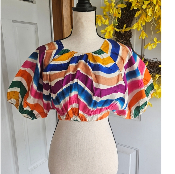 NWT FARM Rio 'Dancing Stripes' Puff Sleeve Crop Top, Size XS - Picture 8 of 16